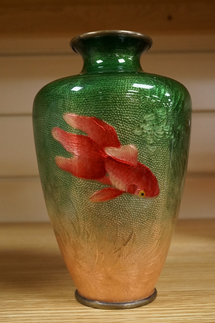 A Japanese ginbari enamel ‘koi carp’ vase, early 20th century, 18cm high